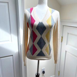 Brooks Brothers V-Neck Cream-Colored 100% Cashmere Argyle Sweater - Sz M